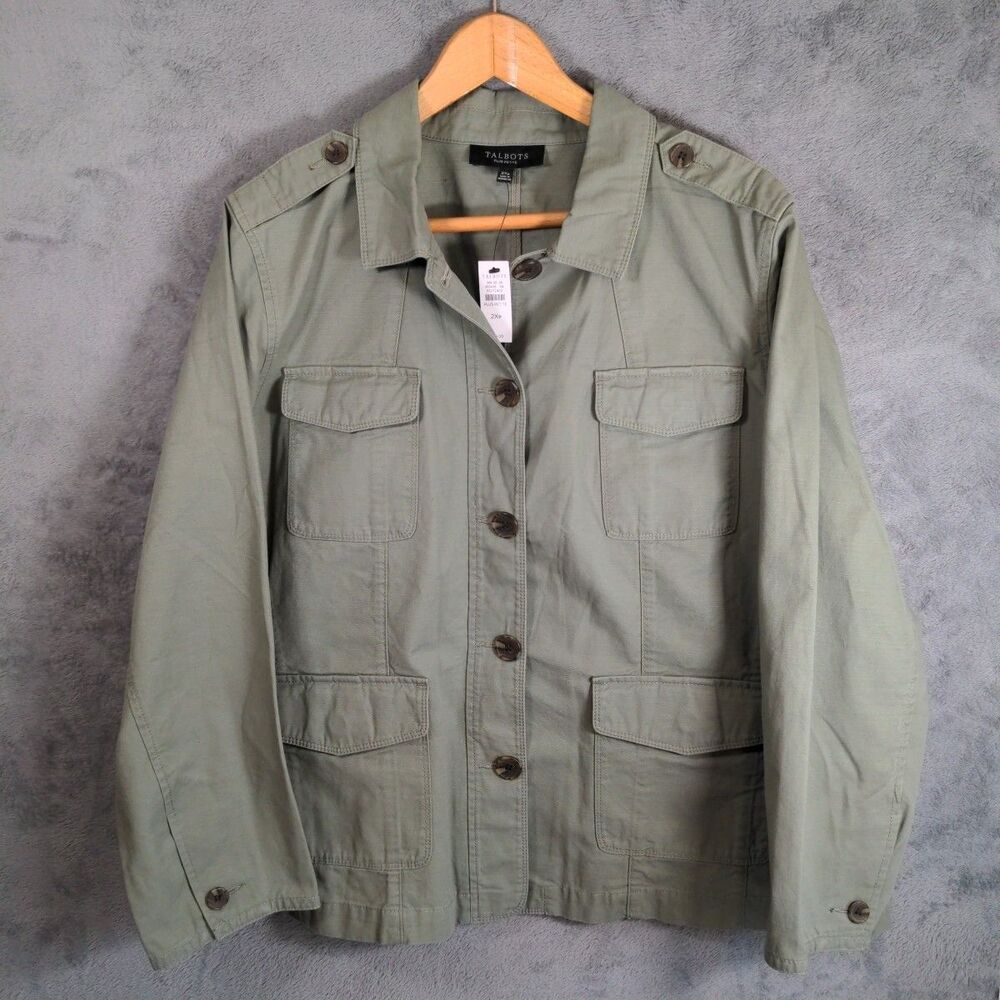 NWT Talbots Utility Safari Jacket Womens 2XP Green Button Front Pockets Military